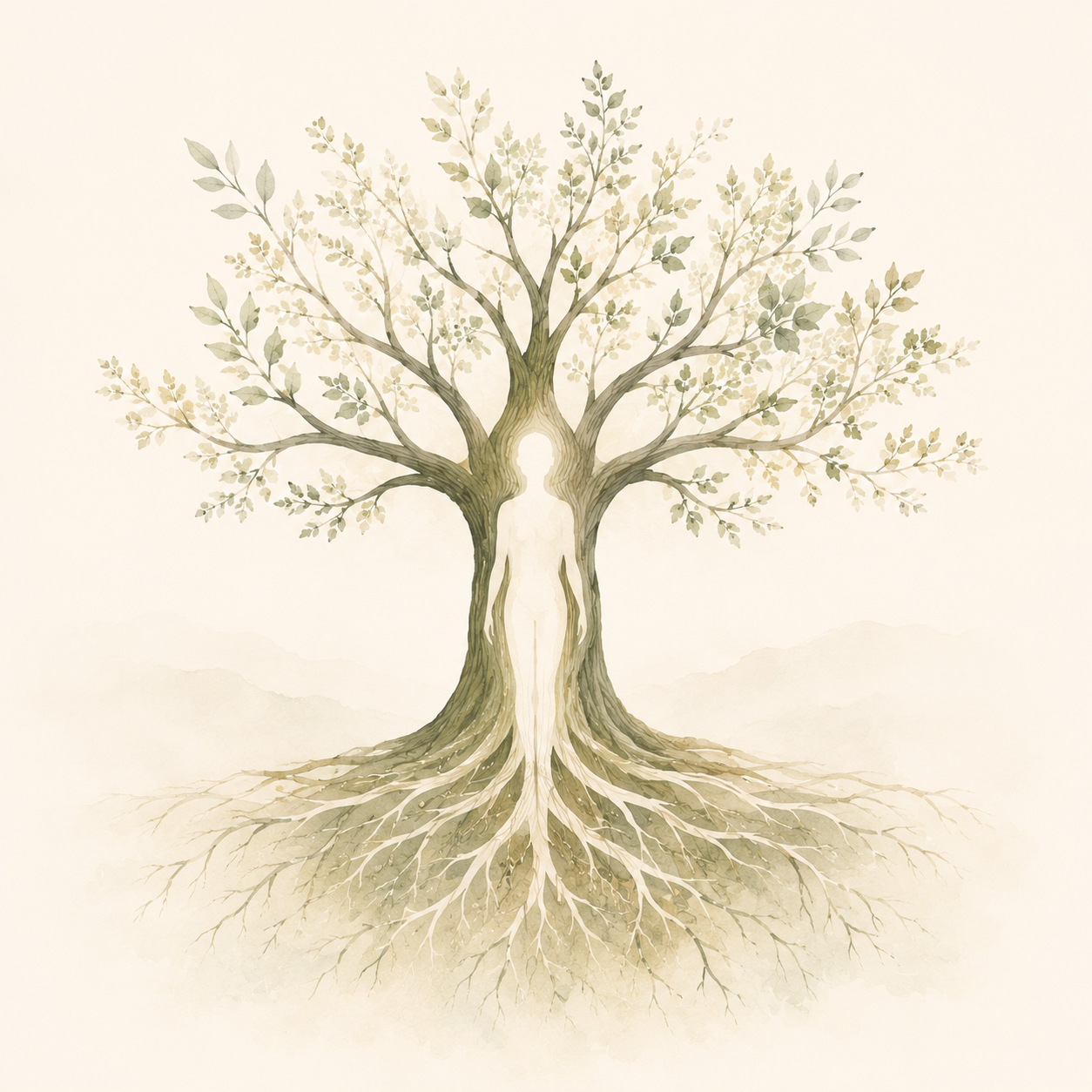 A watercolor illustration of a human figure whose body forms the trunk of a tree, roots reaching down and branches reaching up — one living system.