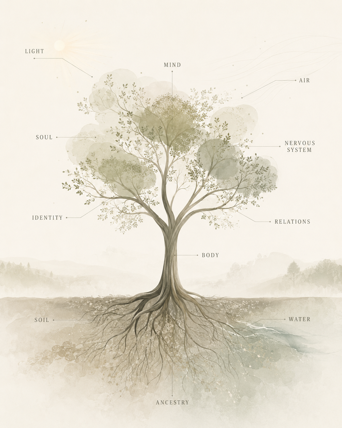 A watercolor illustration of a tree labelled as one living system: mind, nervous system, and relations in the canopy; soul and identity among the branches; light and air flanking it; body at the trunk; and ancestry, soil, and water among the roots.